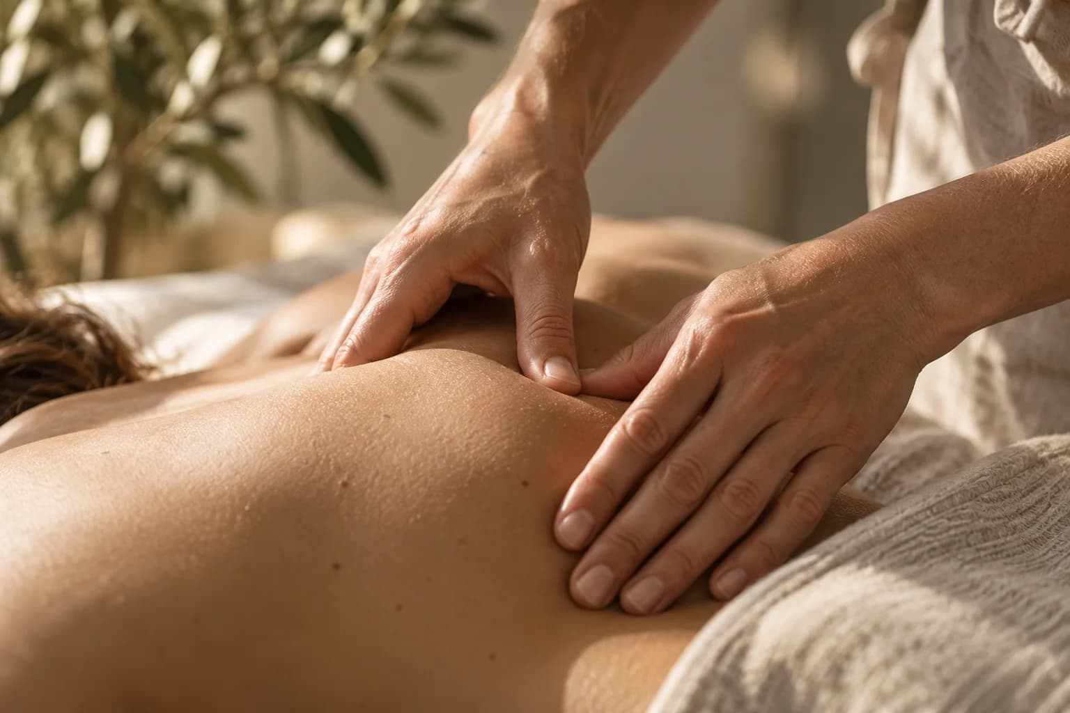 Close-up of hands resting on a person's back in warm daylight