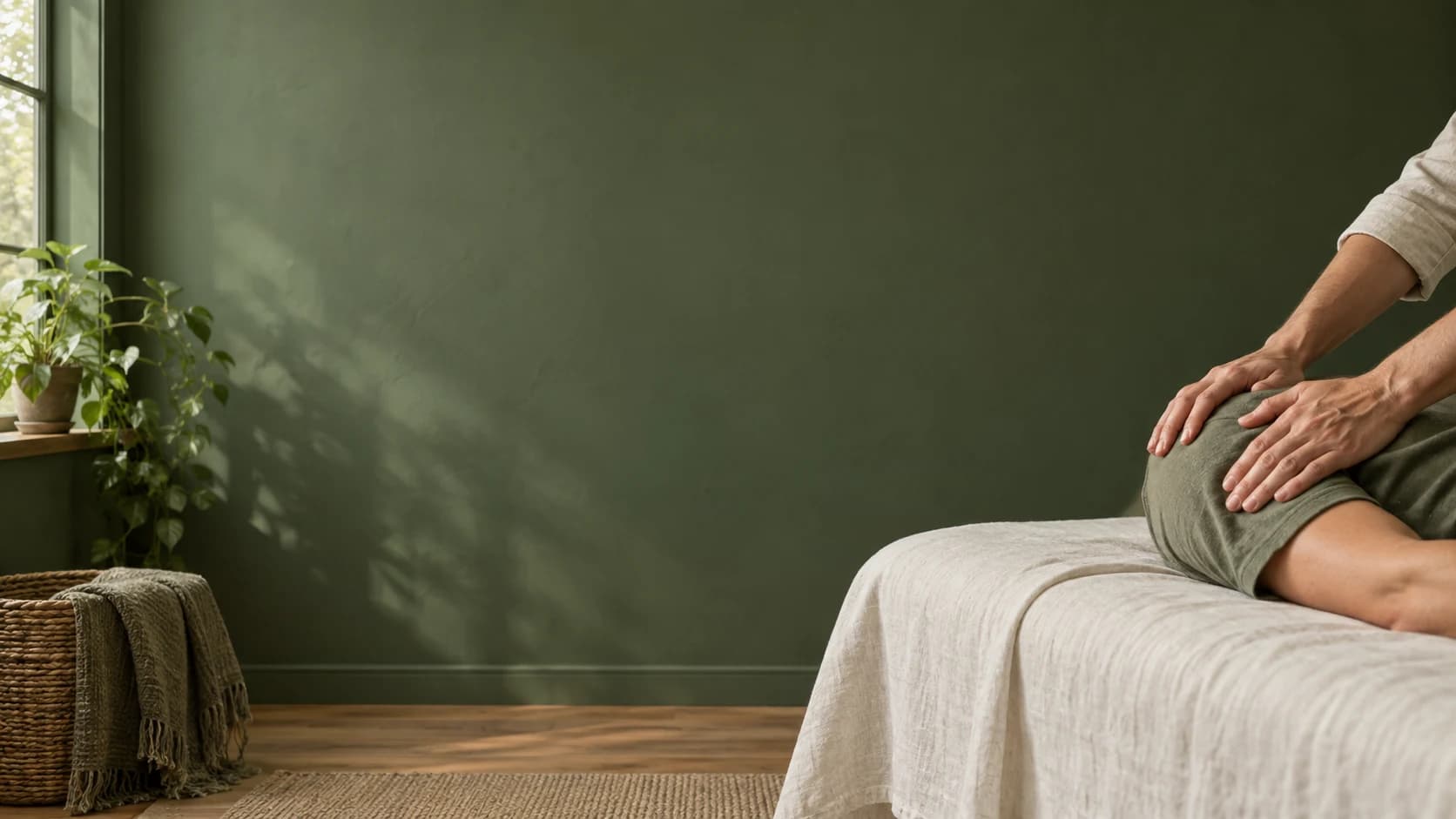 Illustrative generated scene: hands resting gently on a clothed shoulder beside an ivory therapy table