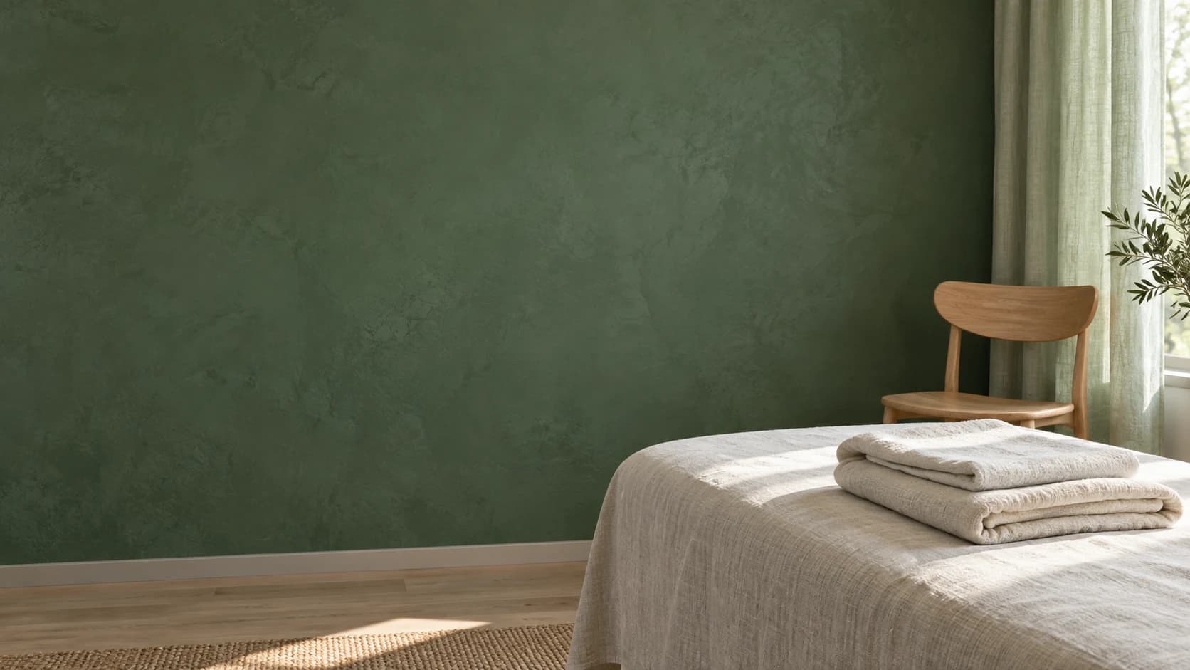 Illustrative generated wellness interior with ivory linen, oak and a sage curtain